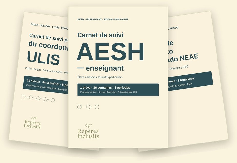 Les trois carnets de suivi Repères Inclusifs : AESH-enseignant, coordonnateur ULIS et cuaderno NEAE